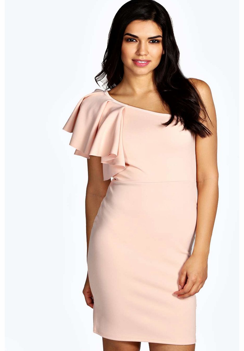 boohoo Saffron Ruffle One Shoulder Midi Dress - nude