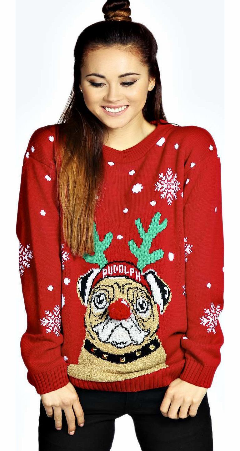 Sally Rudolph Pug Chistmas Jumper - red azz15507