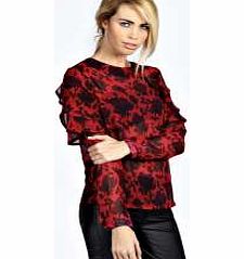 boohoo Sally Ruffle Sleeve Rose Print Blouse - red