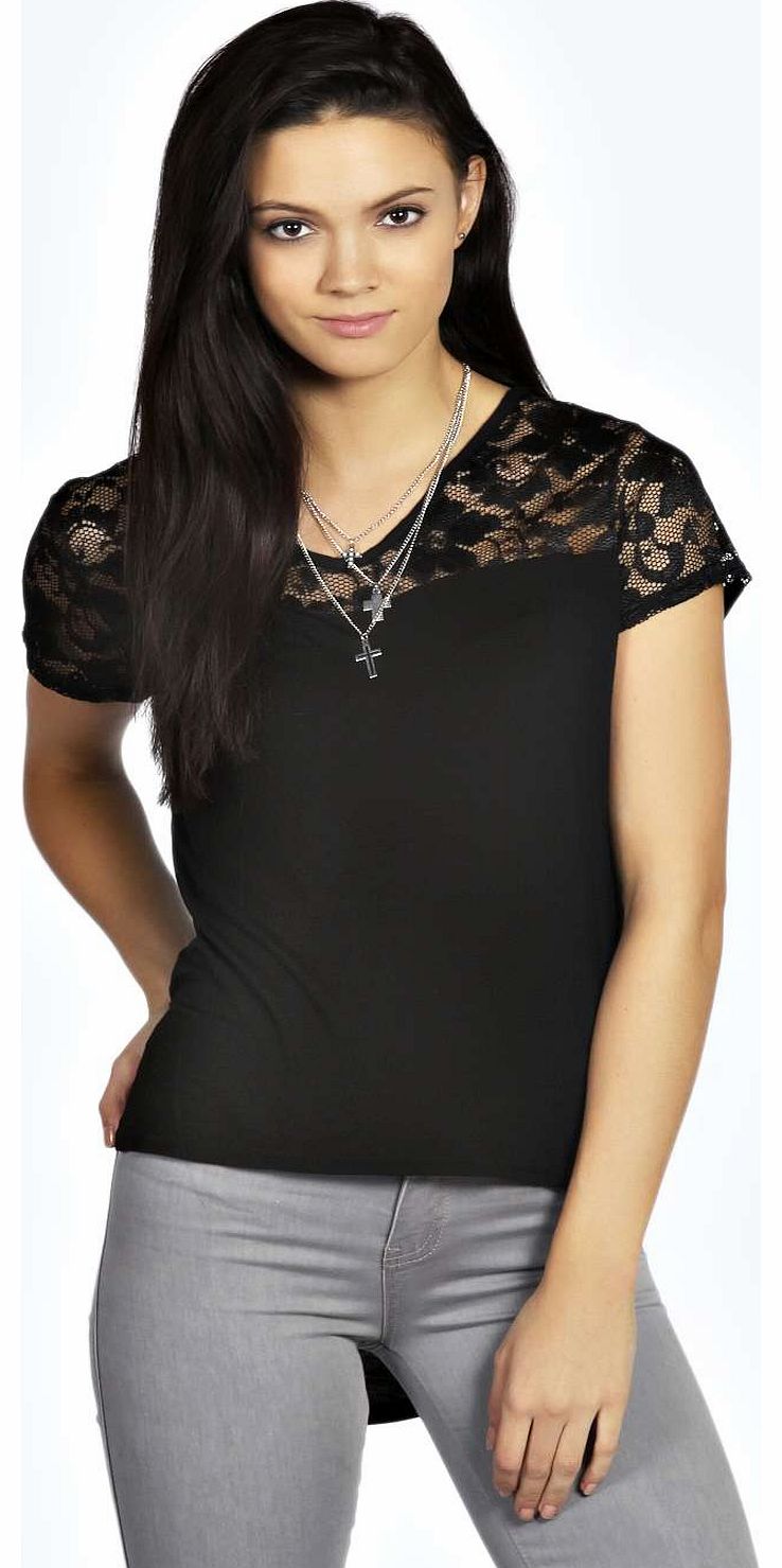 boohoo Sara Lace Panel Dip Back T Shirt - black azz18724
