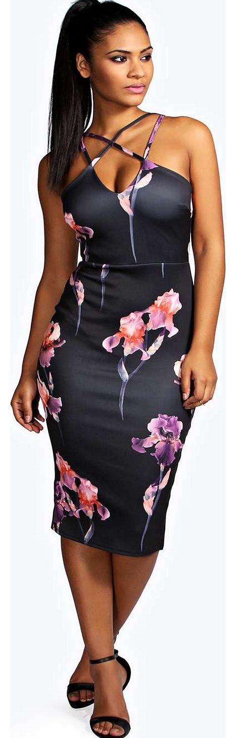 boohoo Sarah Floral Strappy Midi Dress - black azz18245
