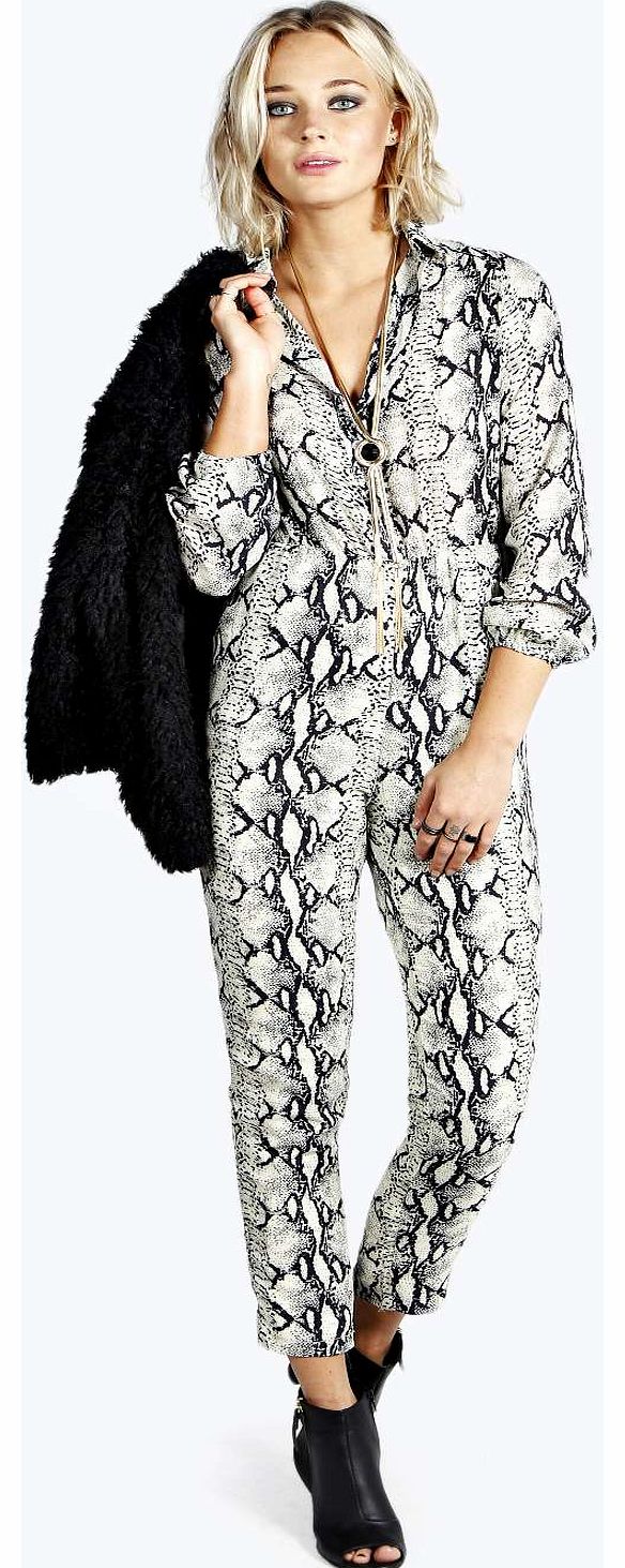 boohoo Sarah Snake Print Button Front Jumpsuit - grey