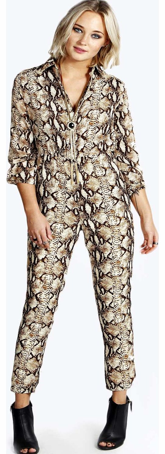 boohoo Sarah Snake Print Button Front Jumpsuit - stone