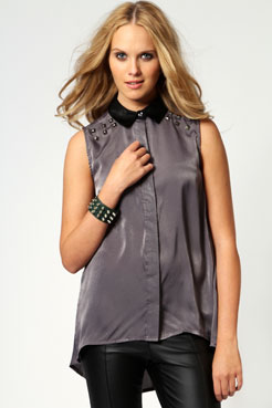 boohoo Sarah Studded Front Back Split Sleeveless Blouse