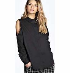 boohoo Sarah Woven Cold Shoulder Shirt - black azz20520