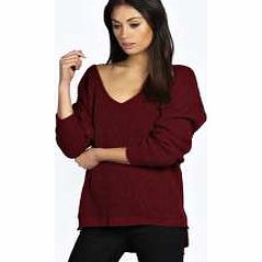 boohoo Sasha Oversized V Neck Jumper - wine azz22128