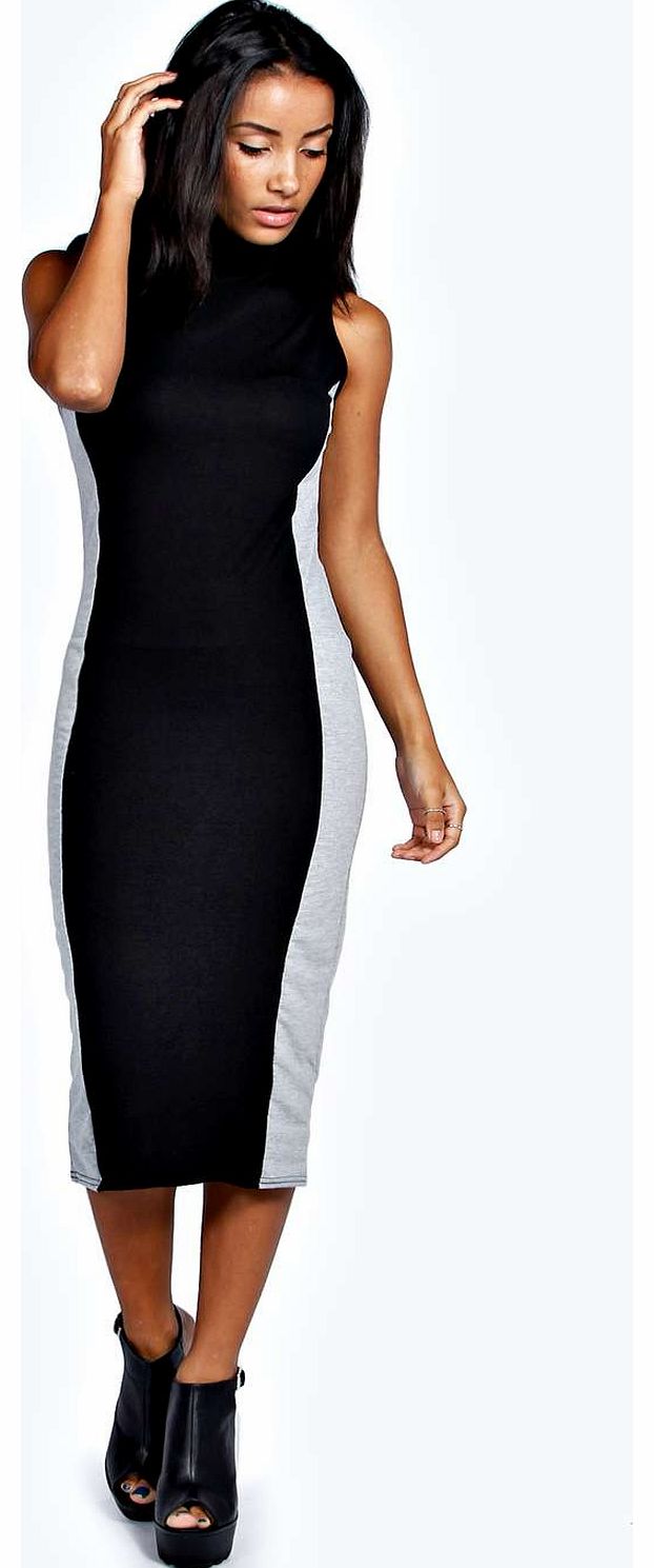 boohoo Sasha Turtle Neck Stripe Midi Dress - black