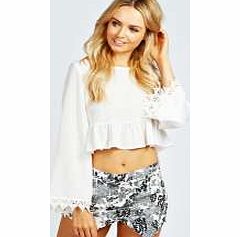 boohoo Selina Lace Trim Woven Long Sleeve Peplum Blouse