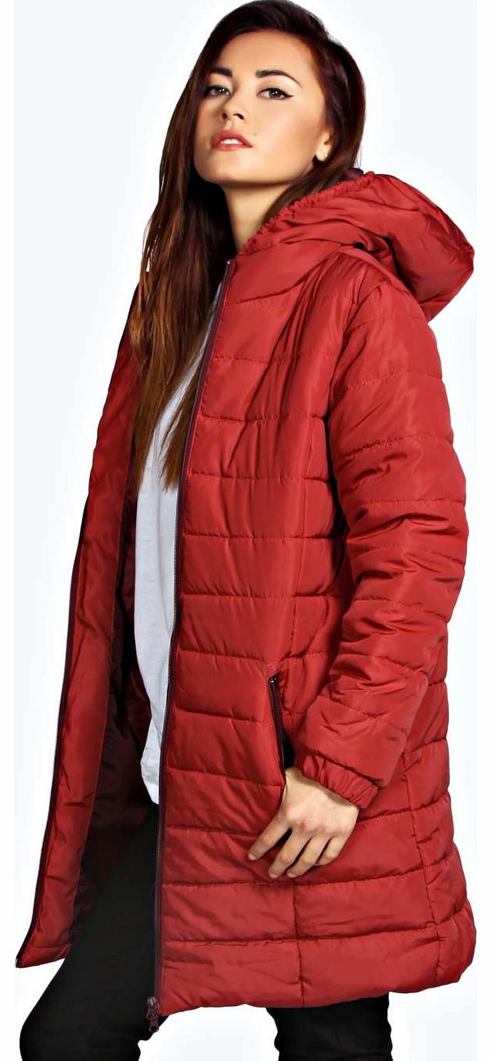 boohoo Seren Longline Metallic Longline Hooded Quilted