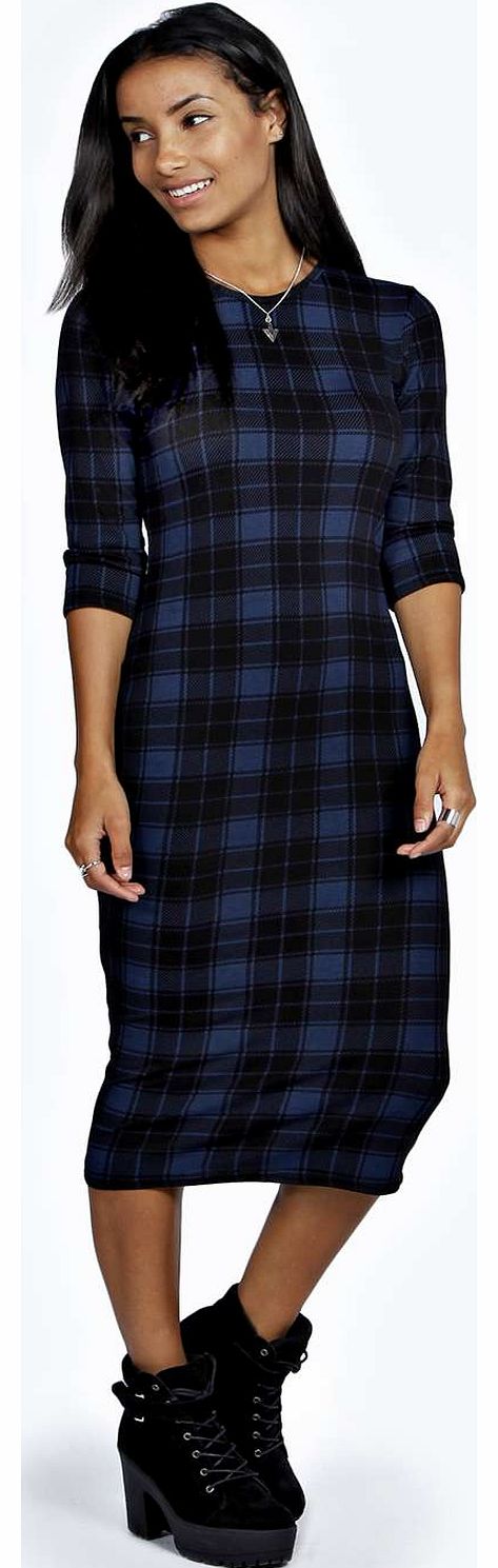 boohoo Serena Check Printed Midi Dress - blue azz18812