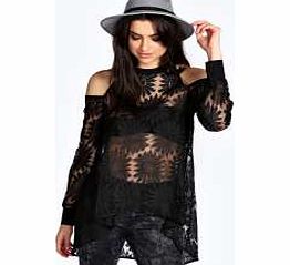 boohoo Shanice Lace High Neck Cut Out Shoulder Blouse -