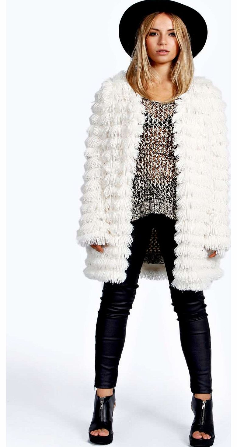 boohoo Sheila Shaggy Layered Faux Fur Coat - cream