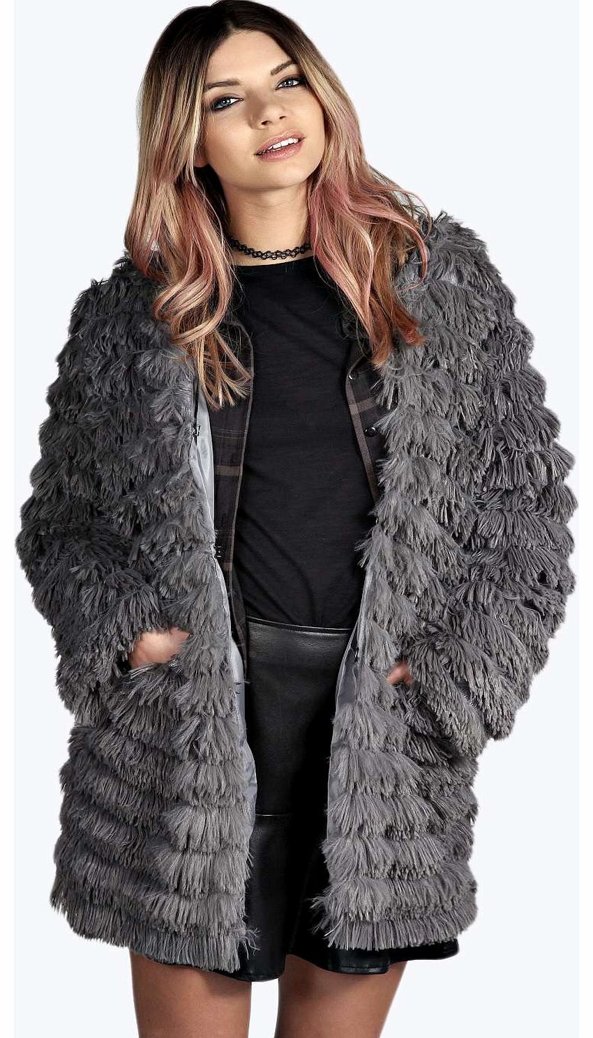 boohoo Sheila Shaggy Layered Faux Fur Coat - grey