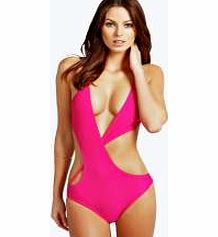 boohoo Sicily Cross Over Cut Out Swimsuit - cerise