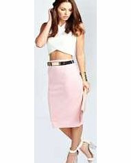 boohoo Sienna Metal Belt Scuba Midi Skirt - baby pink