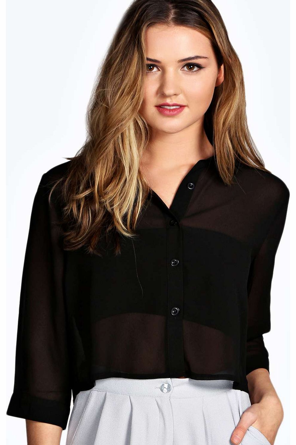 boohoo Sienna Pleat Back Chiffon Crop Shirt - black