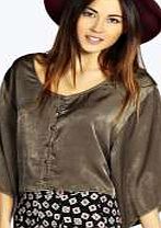 boohoo Silky Button Through Wide Sleeve Blouse - khaki