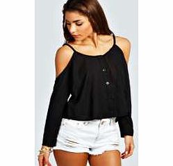boohoo Silvie Cut Shoulder Pom Pom Button Through