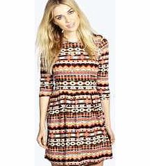 boohoo Sofia Tonal Aztec Brushed Knit Skater Dress -