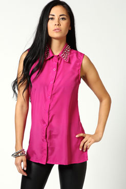 boohoo Sonya Sleeveless Stud Collar Woven Blouse Female