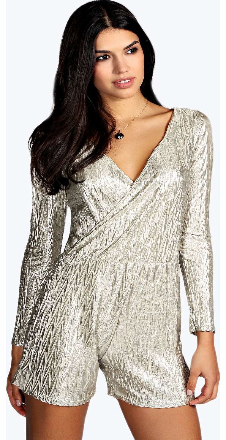 boohoo Sophie Crinkle Metallic Long Sleeve Playsuit -