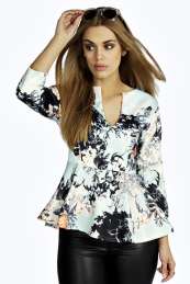 boohoo Sophie Plunge Neck Print Peplum Top - multi
