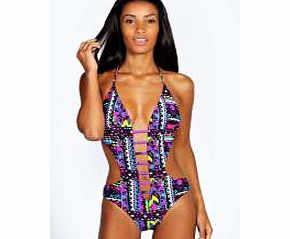 boohoo Sorrento Deep Plunge Metallic Zig Zag Swimsuit -