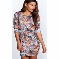 boohoo Stevie Woodland Keyhole Hem Detail Bodycon Dress