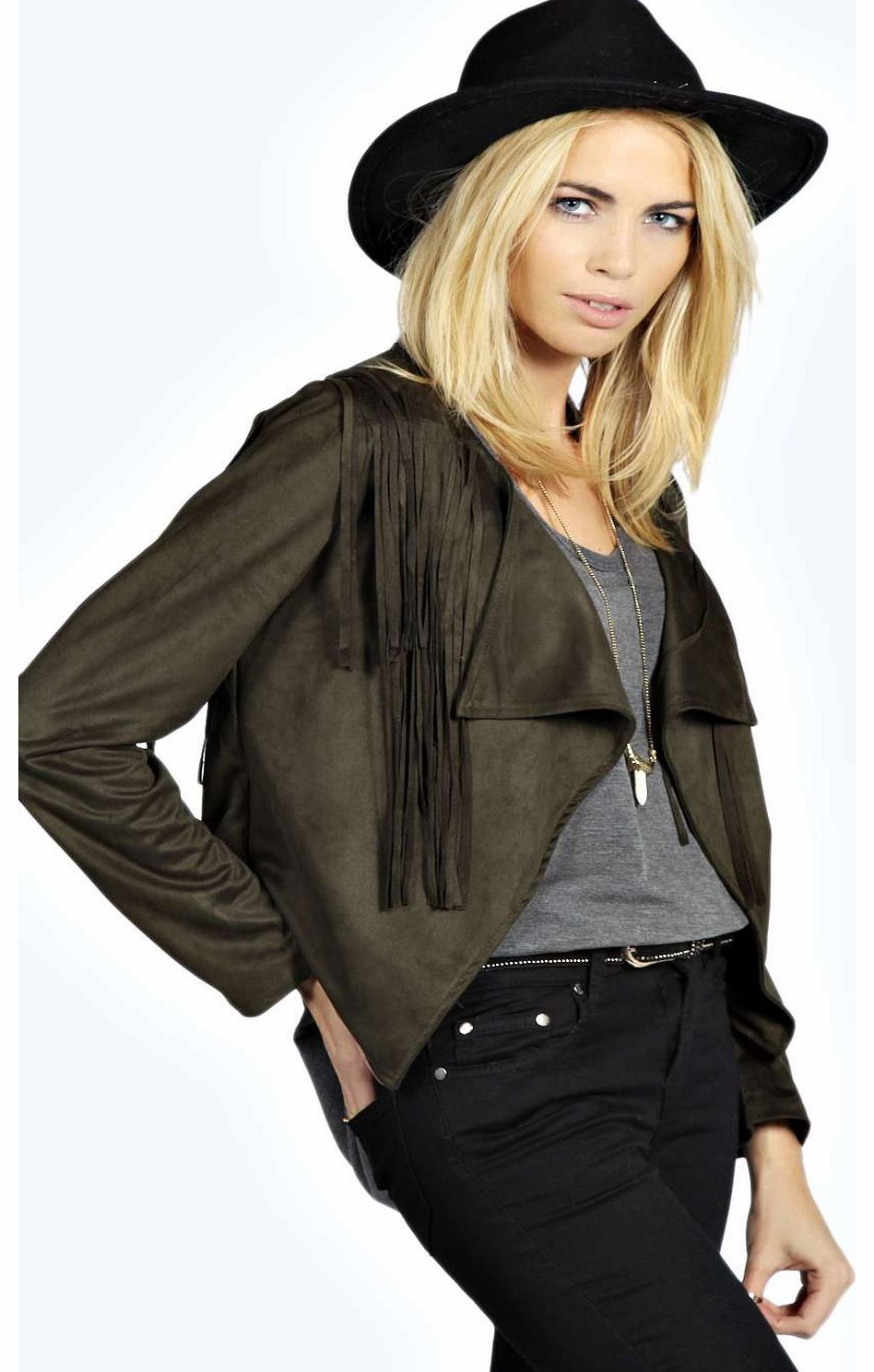 boohoo Suedette Tassel Jacket - khaki azz18760