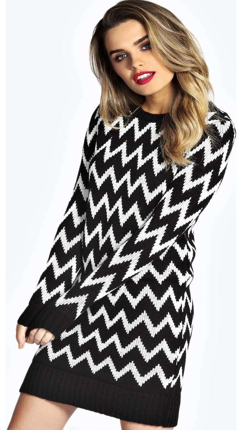 boohoo Tally Laguna Knit Zig Zag Jumper Dress - black