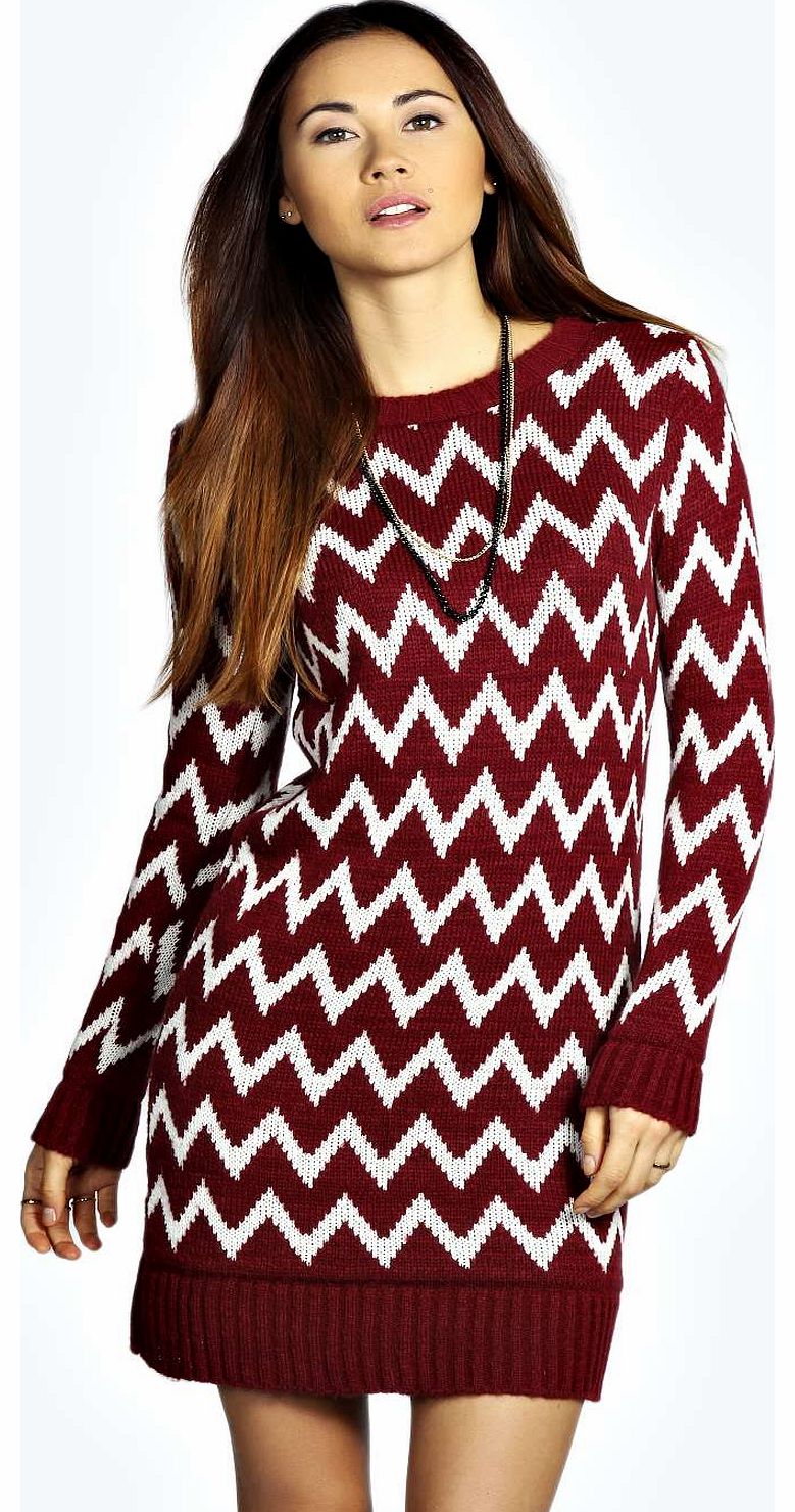 boohoo Tally Laguna Knit Zig Zag Jumper Dress - wine