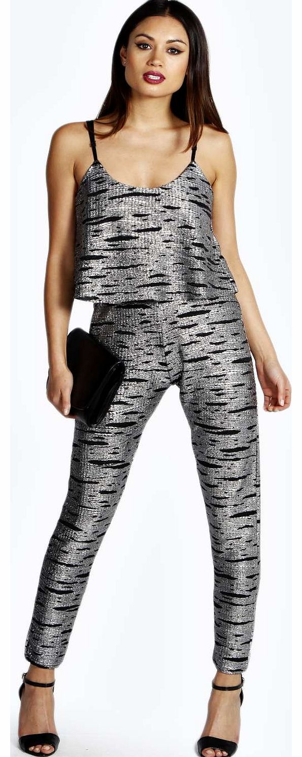 boohoo Tammy Metallic Scallop Top Strappy Jumpsuit -