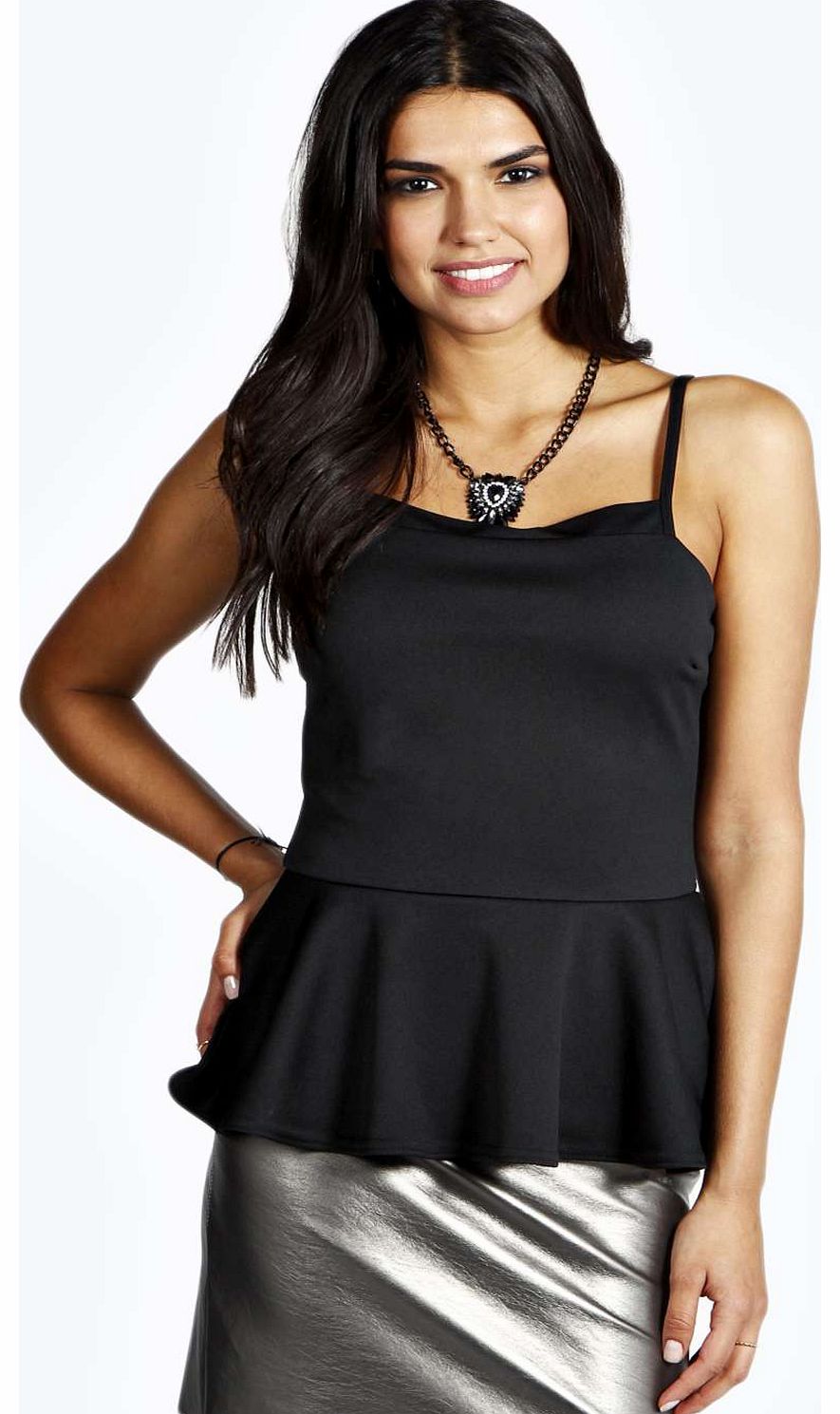 boohoo Tammy Panel Neck Cami Peplum Top - black azz14016