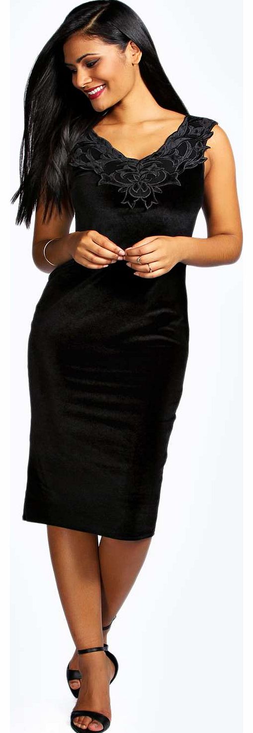 boohoo Tanya Applique Detail Velvet Midi Dress - black