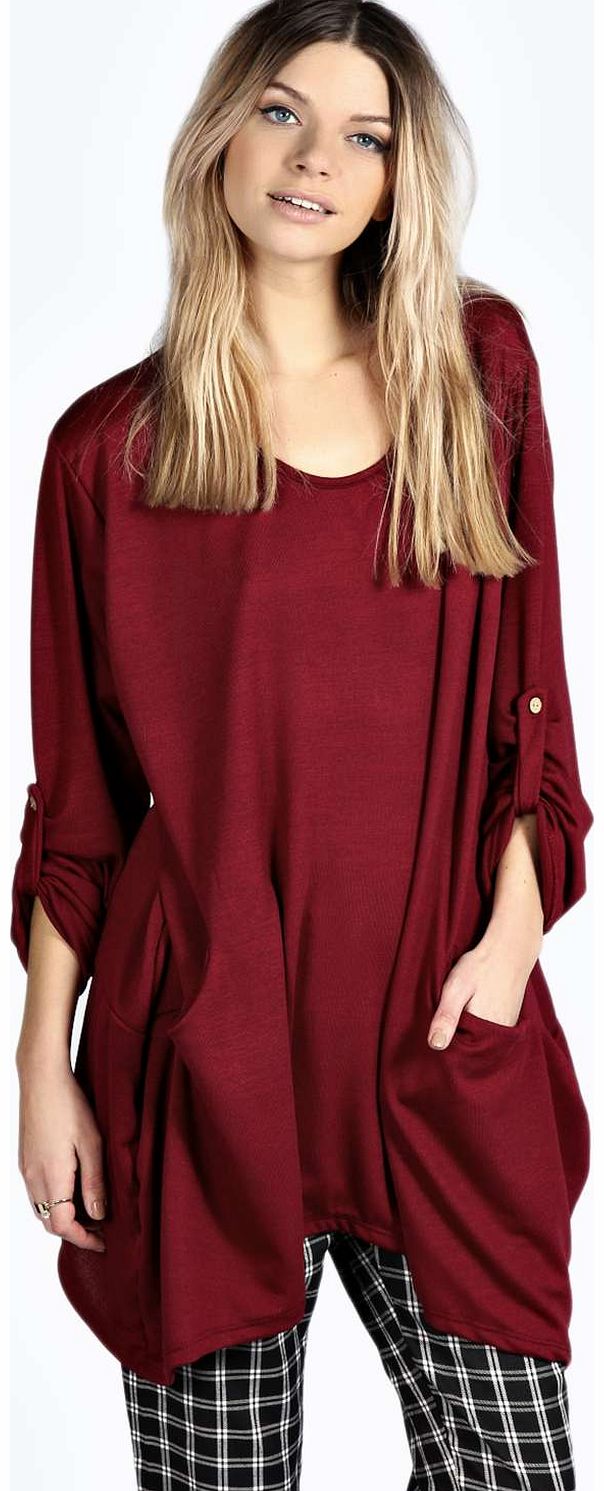 Tara Roll Sleeve Pocket Fine Gauge Jumper - wine
