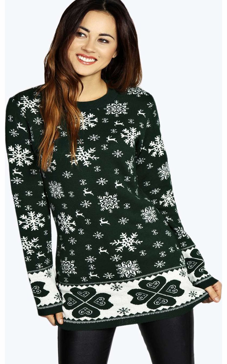boohoo Tara Snowflake Reindeer Tunic Jumper - bottle
