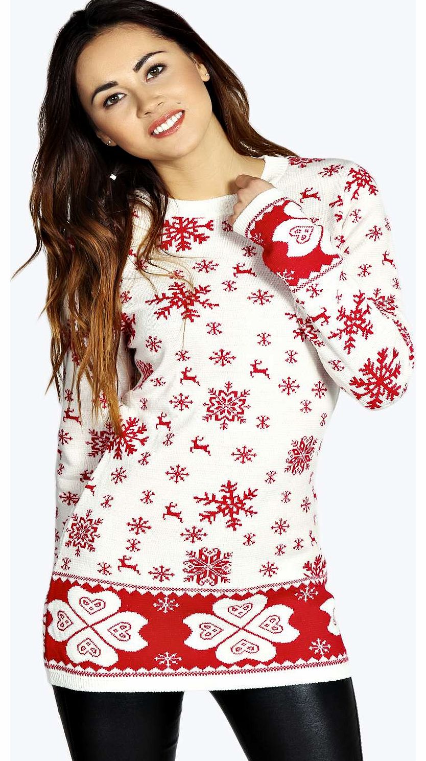 boohoo Tara Snowflake Reindeer Tunic Jumper - cream