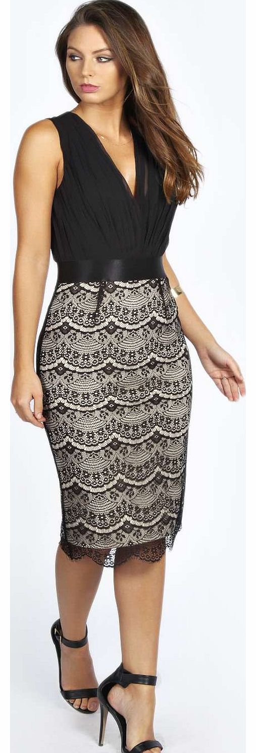 boohoo Tasha Pleated Plunge Lace Bodycon Midi Dress -