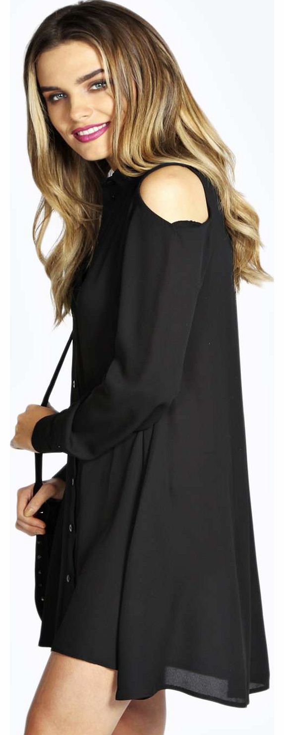 boohoo Tegan Open Shoulder Shirt Dress - black azz18111