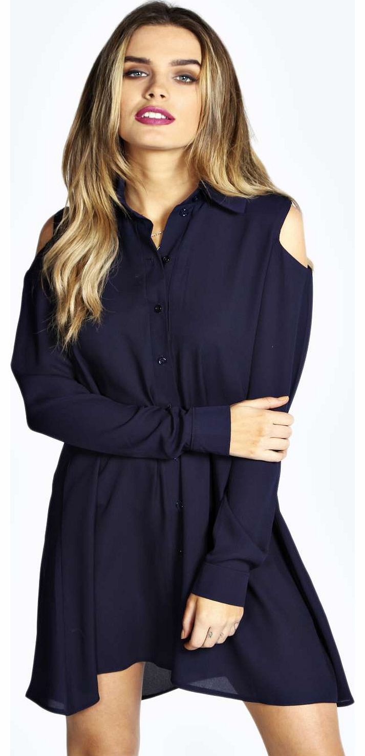 boohoo Tegan Open Shoulder Shirt Dress - navy azz18111