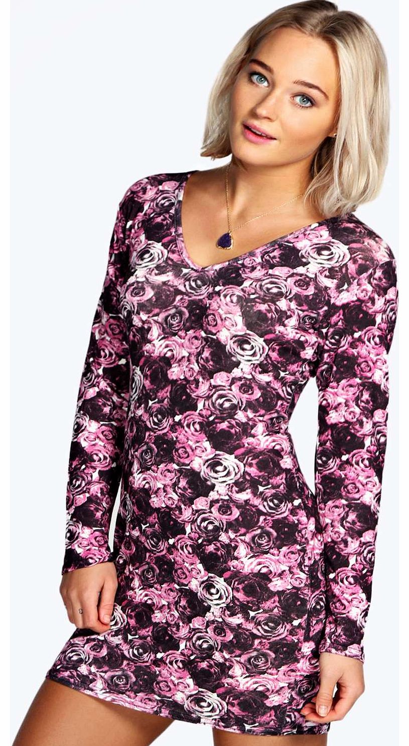 Tess Rose Print V Neck Bodycon Dress - multi