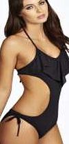 boohoo Textured Ruffle Detail Swimsuit - black azz21485