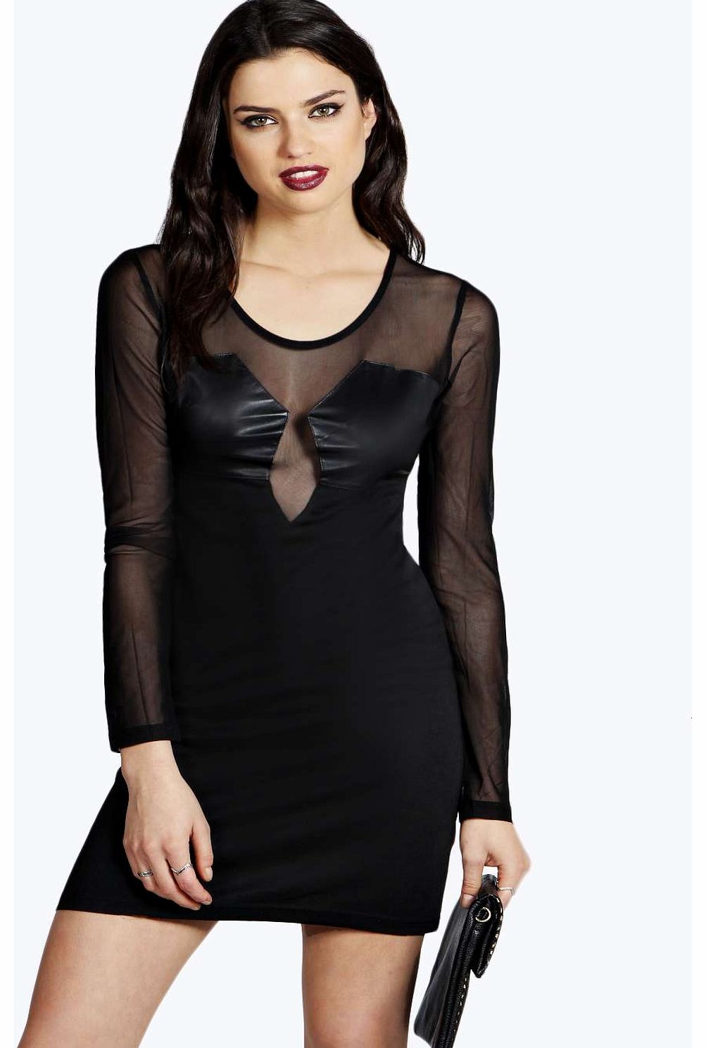 Tia PU and Mesh Panel Long Sleeve Bodycon Dress