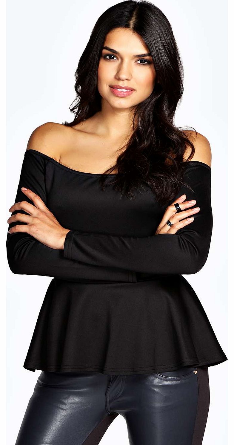boohoo Tilly Off The Shoulder Peplum Scuba Top - black