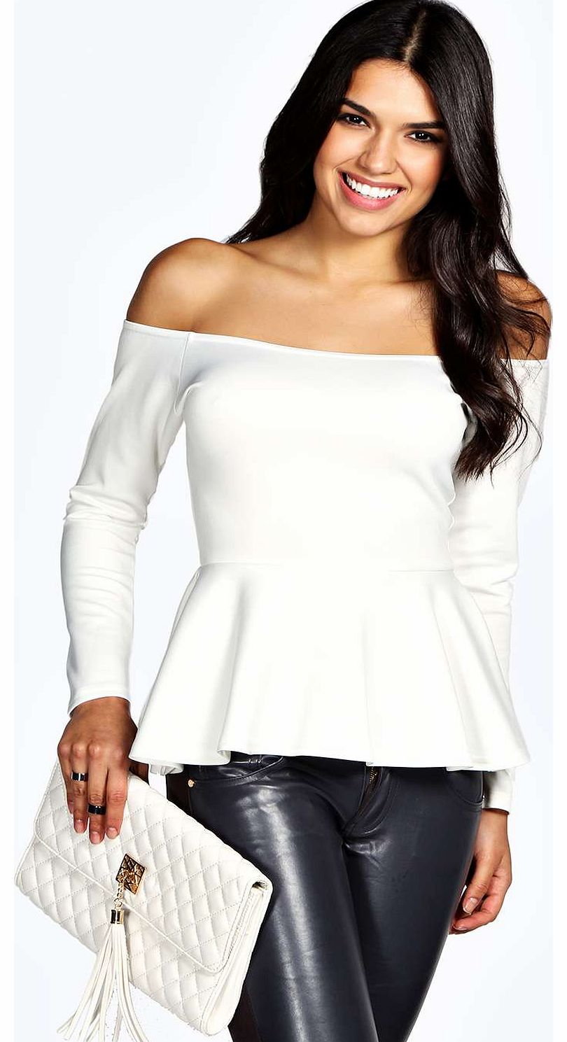 boohoo Tilly Off The Shoulder Peplum Scuba Top - cream