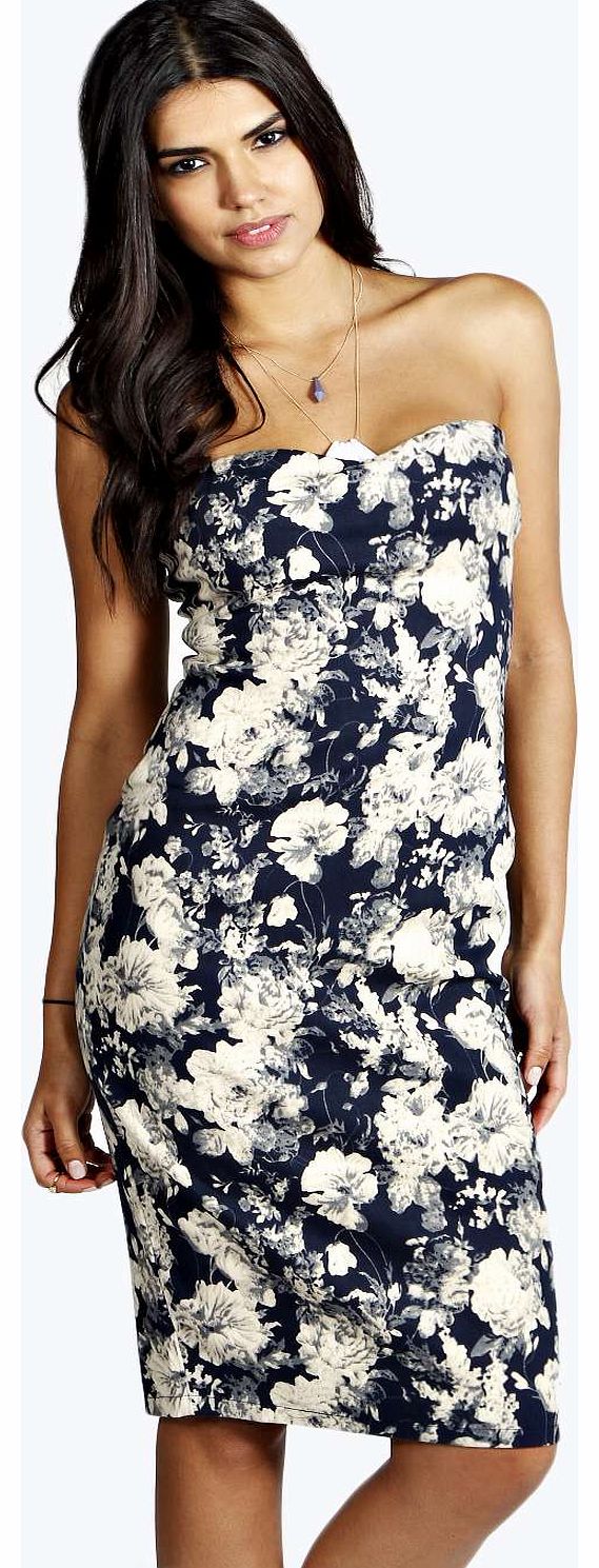 boohoo Tina Floral Bandeau Midi Dress - navy azz17600