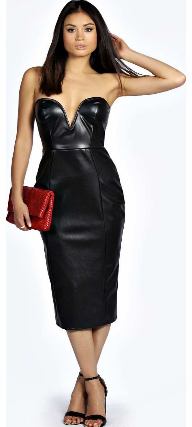 boohoo Tony PU Plunge Midi Dress - black azz19004