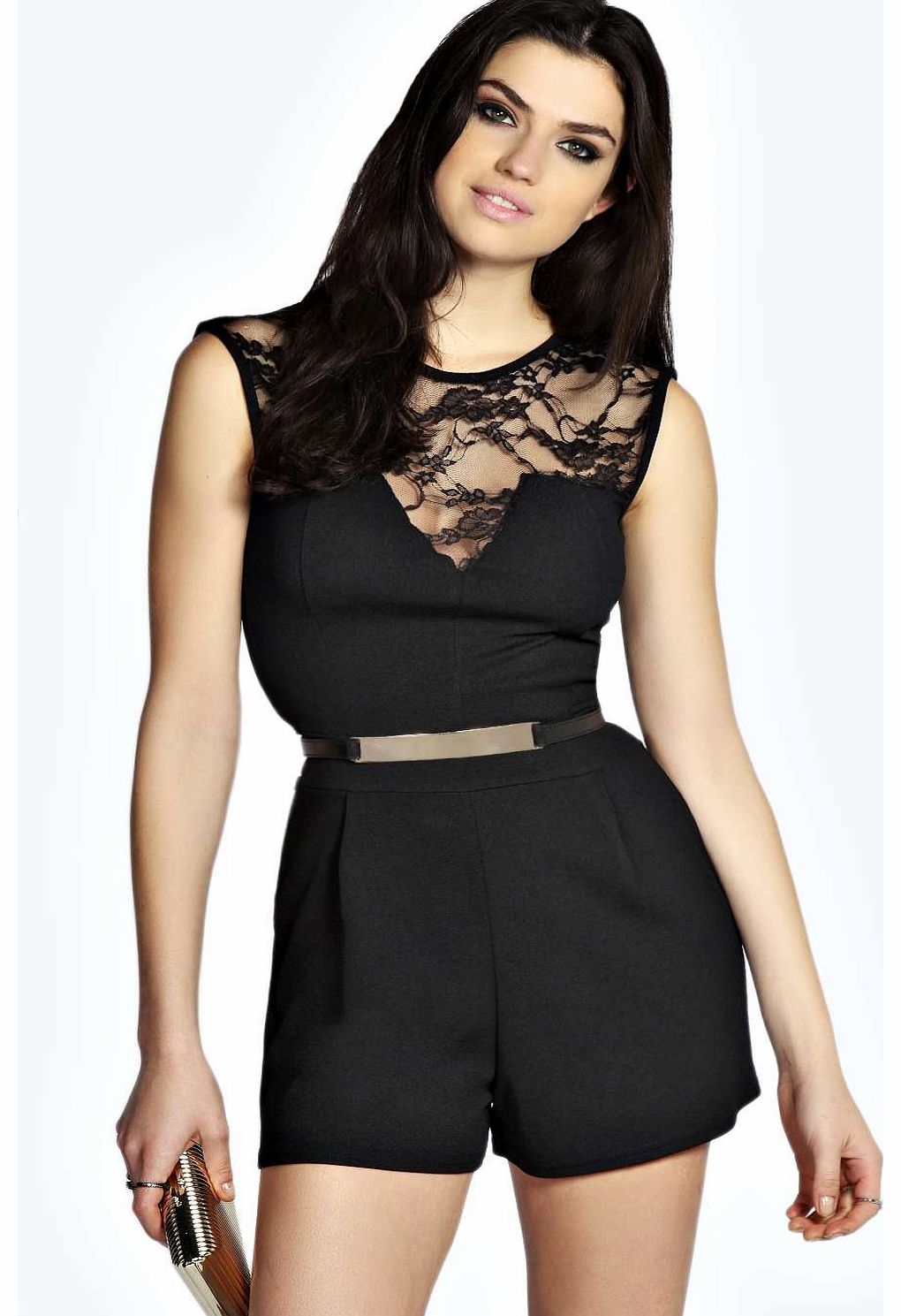 Tori Lace Trim Metal Belt Playsuit - black