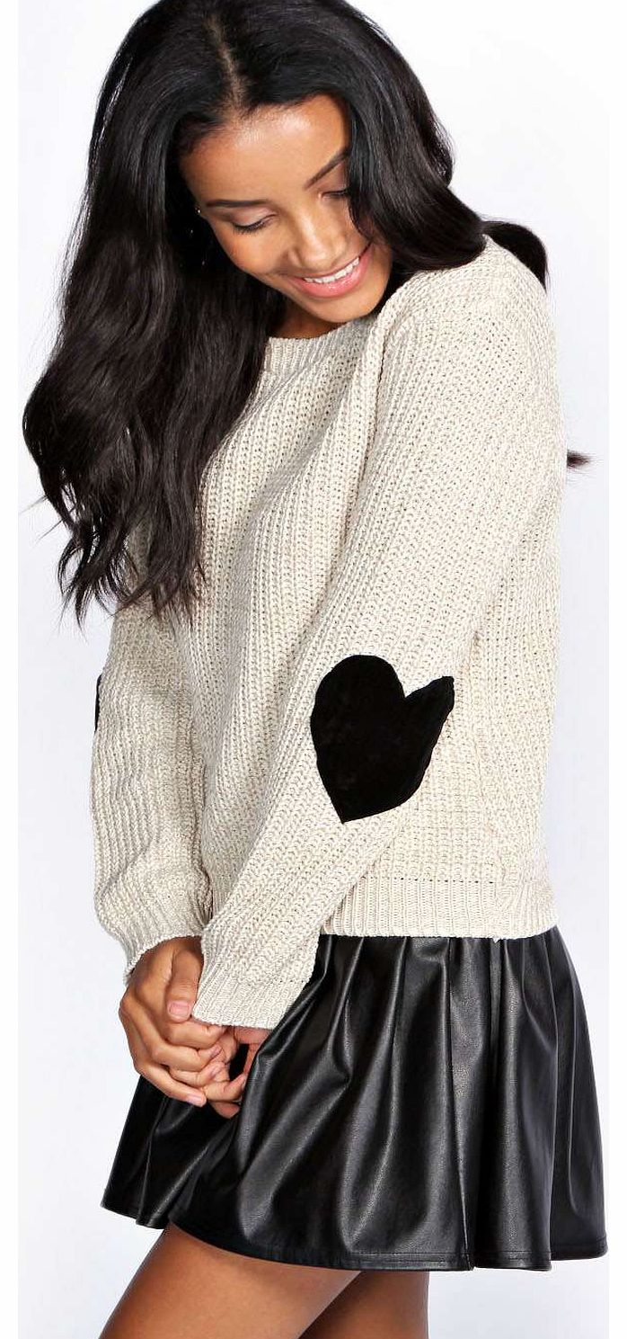 boohoo Tracy Harper Heart Elbow Patch Jumper - stone