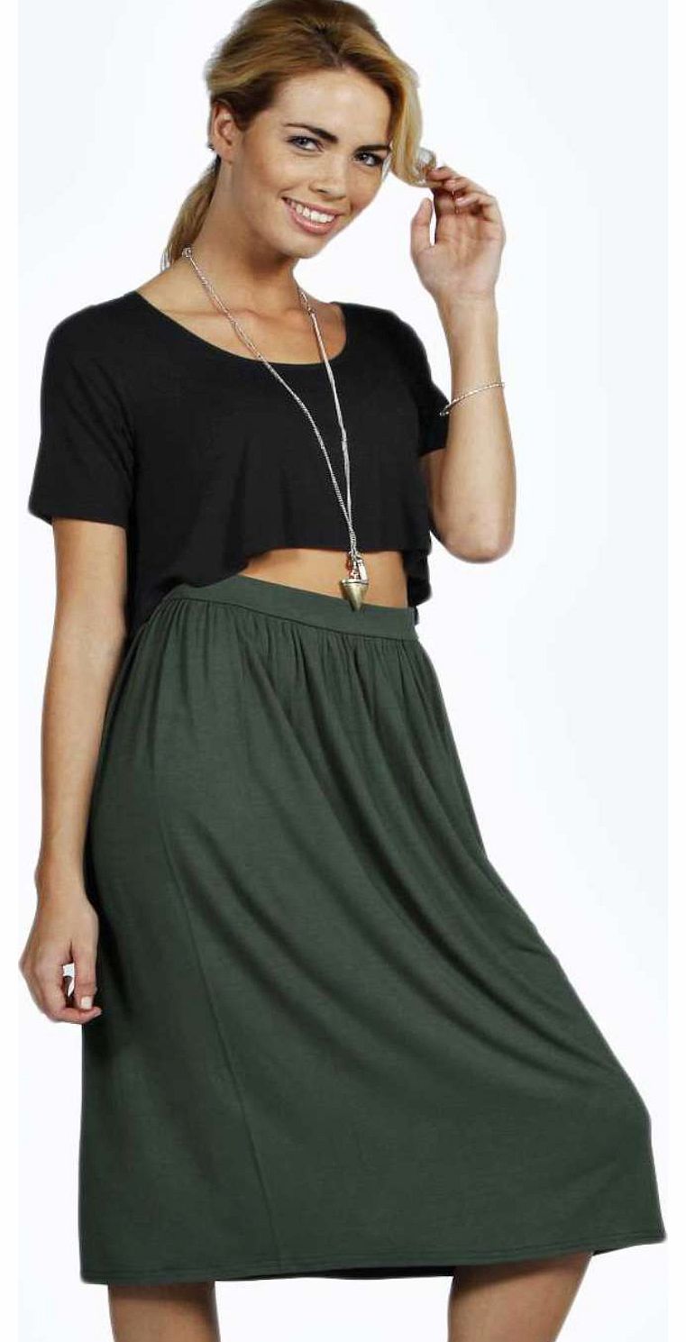 boohoo Tracy Jersey Midi Skater Skirt - khaki azz19127